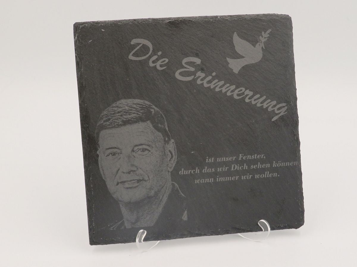 Schiefergravur incl. Schrift, Logo und Foto 20x20 cm