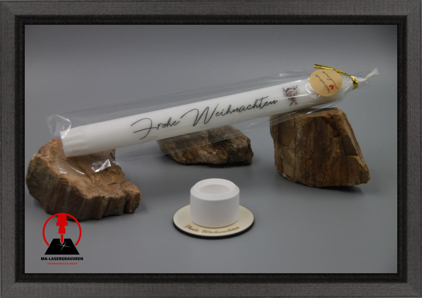 Set Kerze 240 & Stabkerzenhalter mini rund "Frohe Weihnachten" Typ A