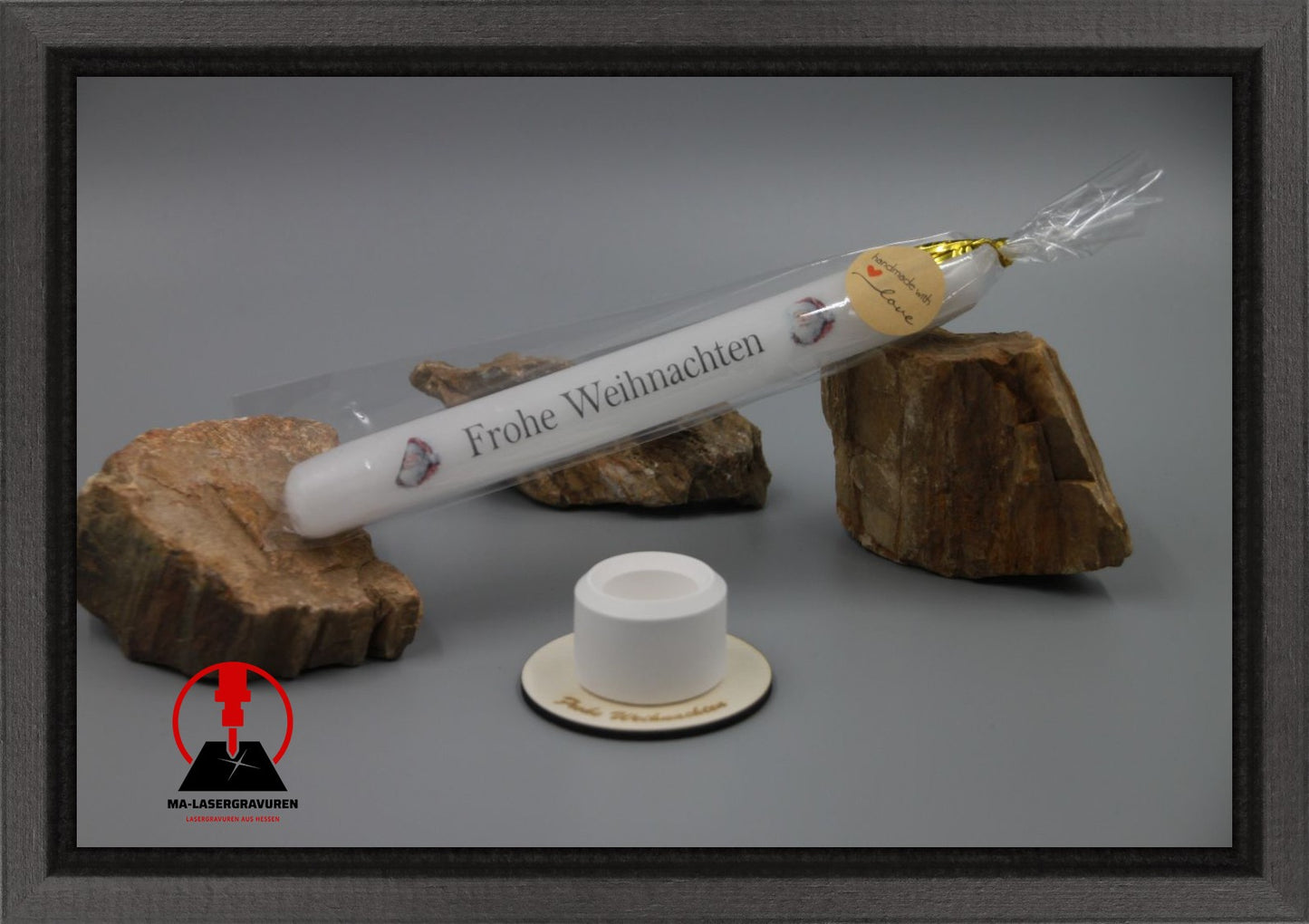 Set Kerze 190 & Stabkerzenhalter mini rund "Frohe Weihnachten  Typ B