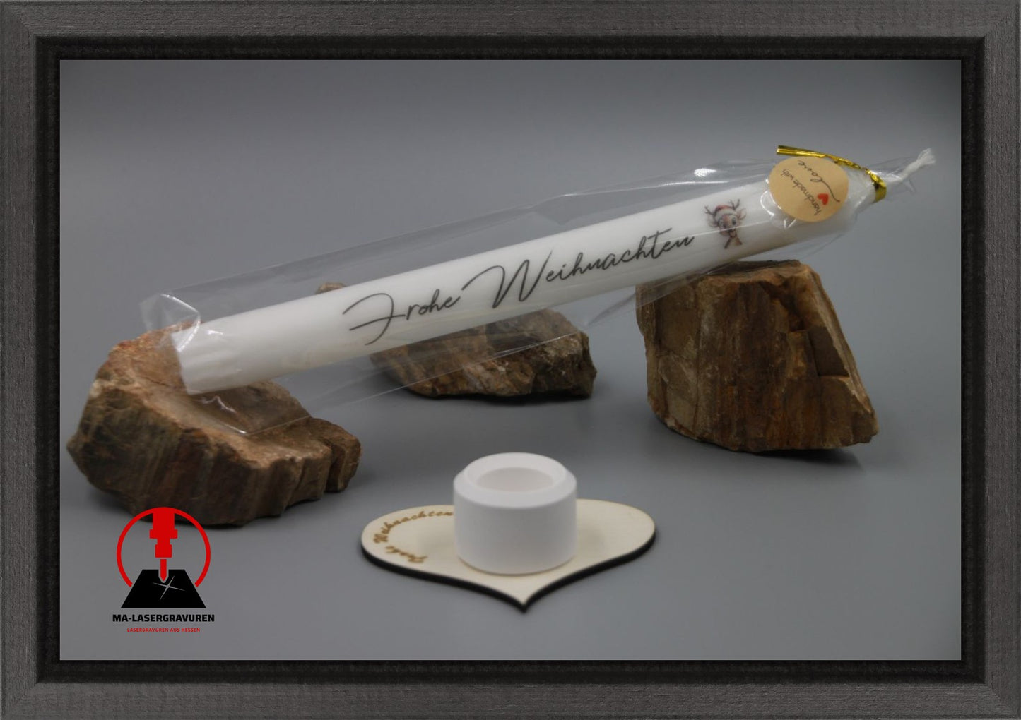 Set Kerze 240 & Stabkerzenhalter mini Herz "Frohe Weihnachten" Typ C