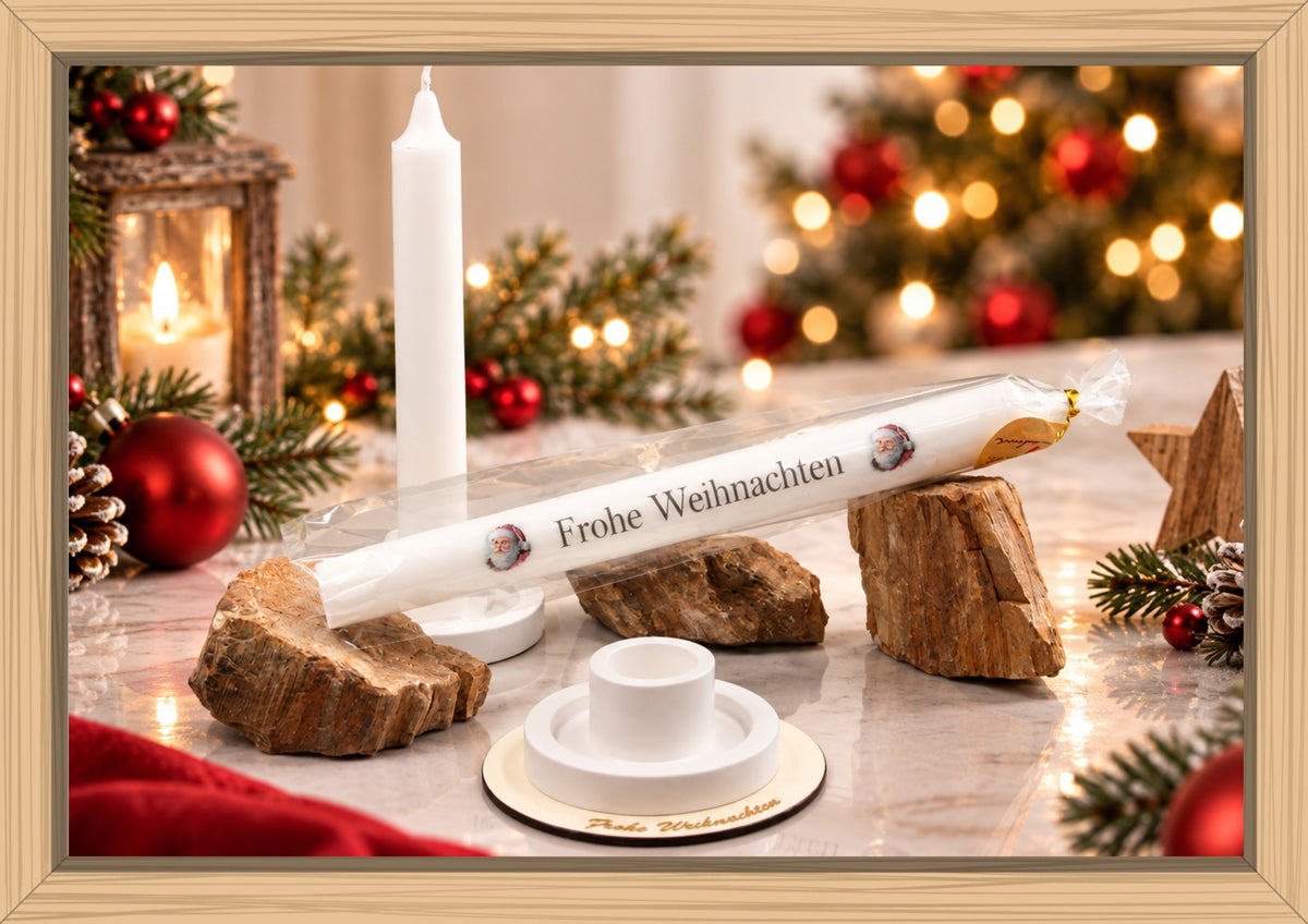 Set Kerze 240 & Stabkerzenhalter groß"Frohe Weihnachten" Typ A