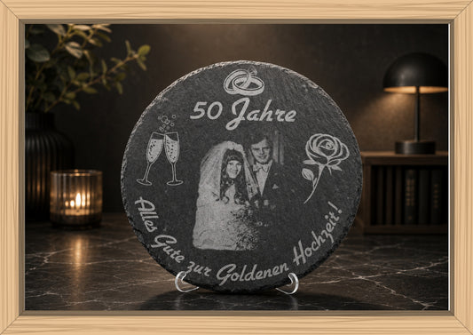 Schieferplatte Rund 25 cm incl. Text und Logo Gravur, Bildgravur möglich