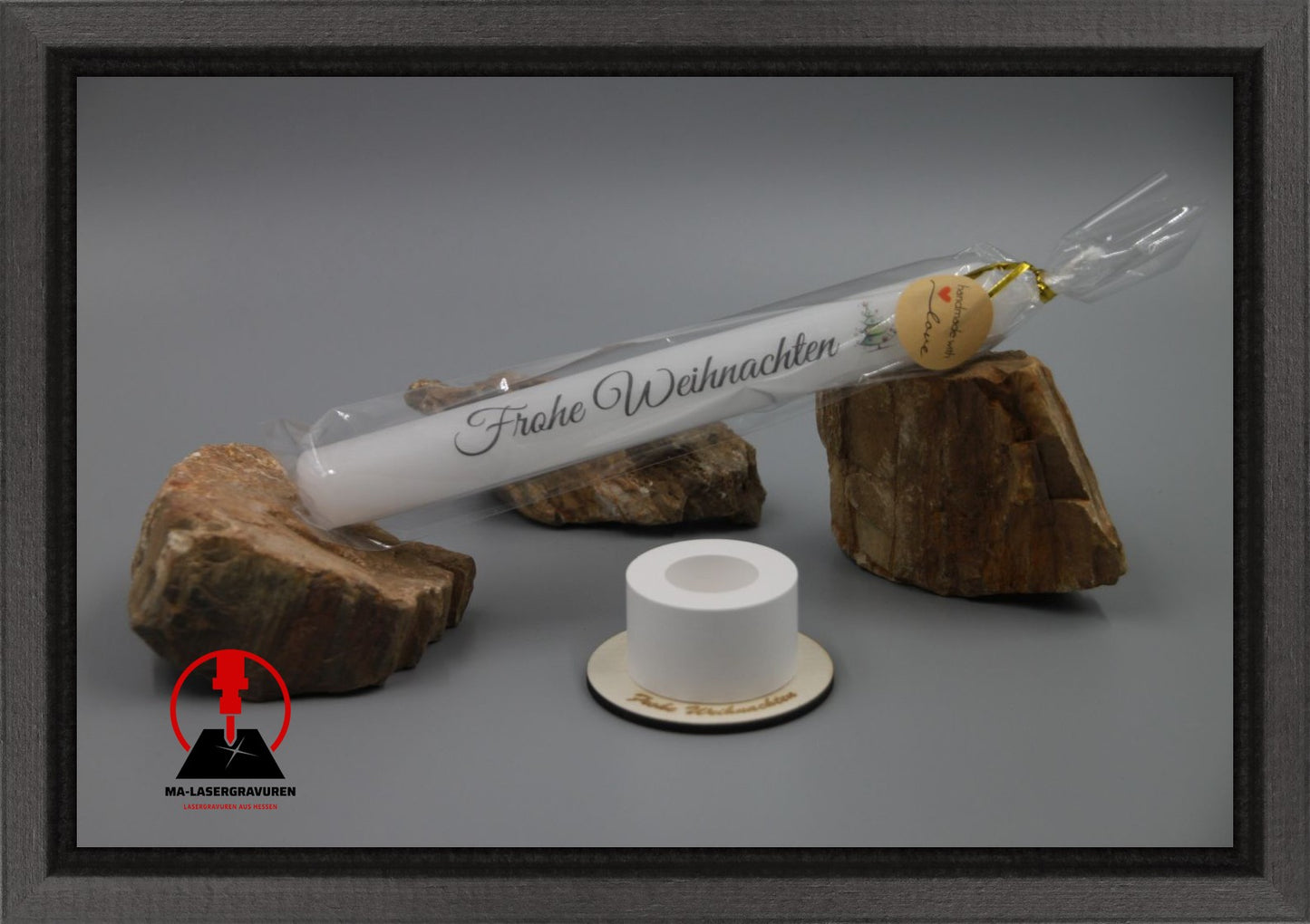 Set Kerze 190 & Stabkerzenhalter klein rund "Frohe Weihnachten" Typ B