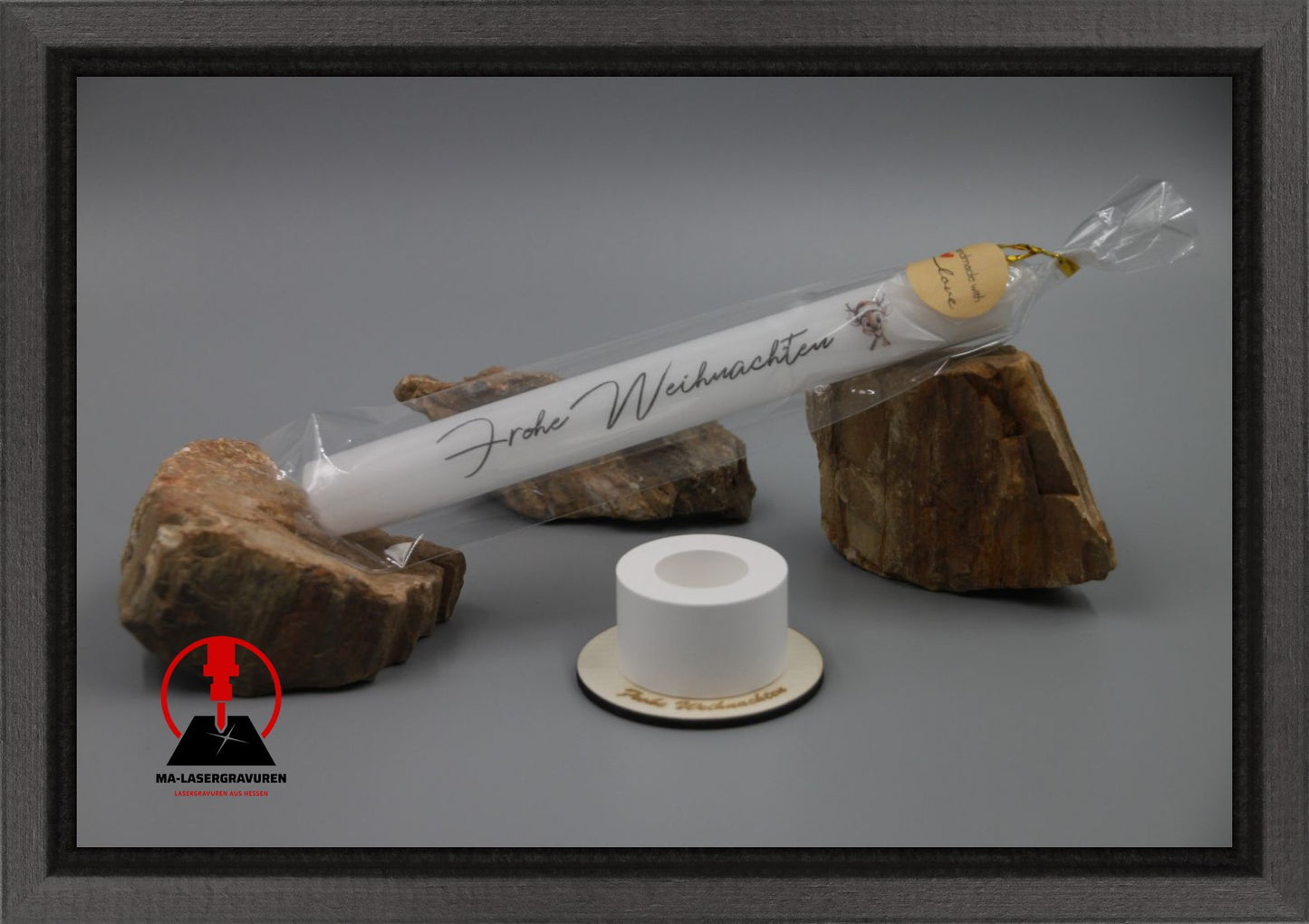 Set Kerze 190 & Stabkerzenhalter klein rund "Frohe Weihnachten" Typ C