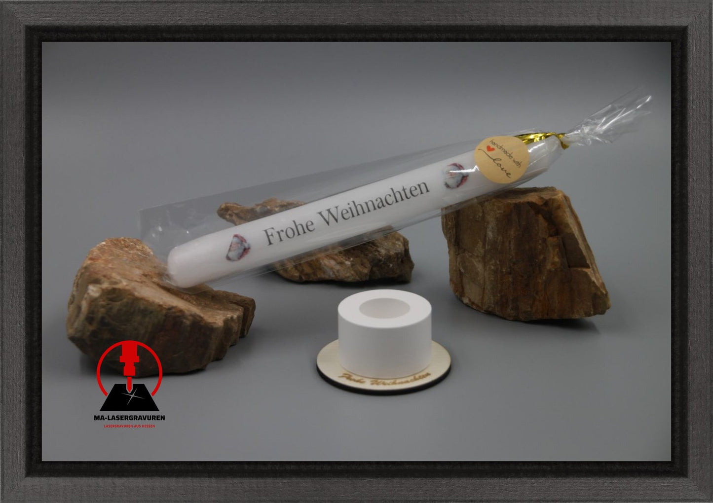 Set Kerze 190 & Stabkerzenhalter klein rund "Frohe Weihnachten" Typ D