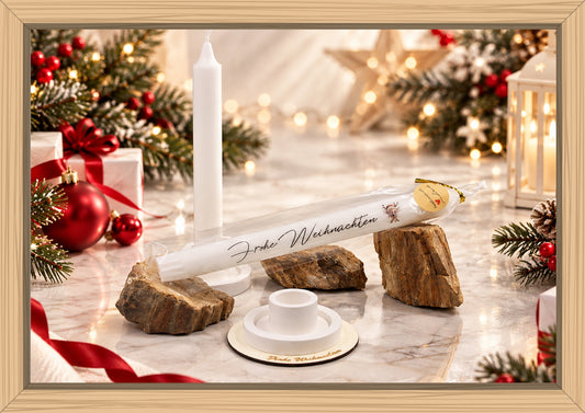 Set Kerze 240 & Stabkerzenhalter groß"Frohe Weihnachten" Typ C